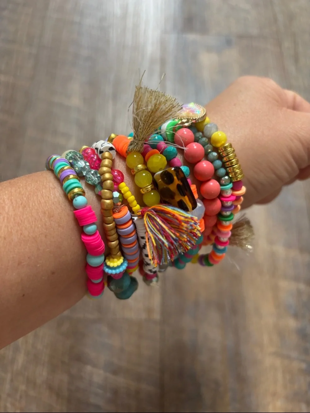 Fun and Flirty Colorful Beaded Stack Bracelet Set of Ten with Tassels - Picture 3 of 9